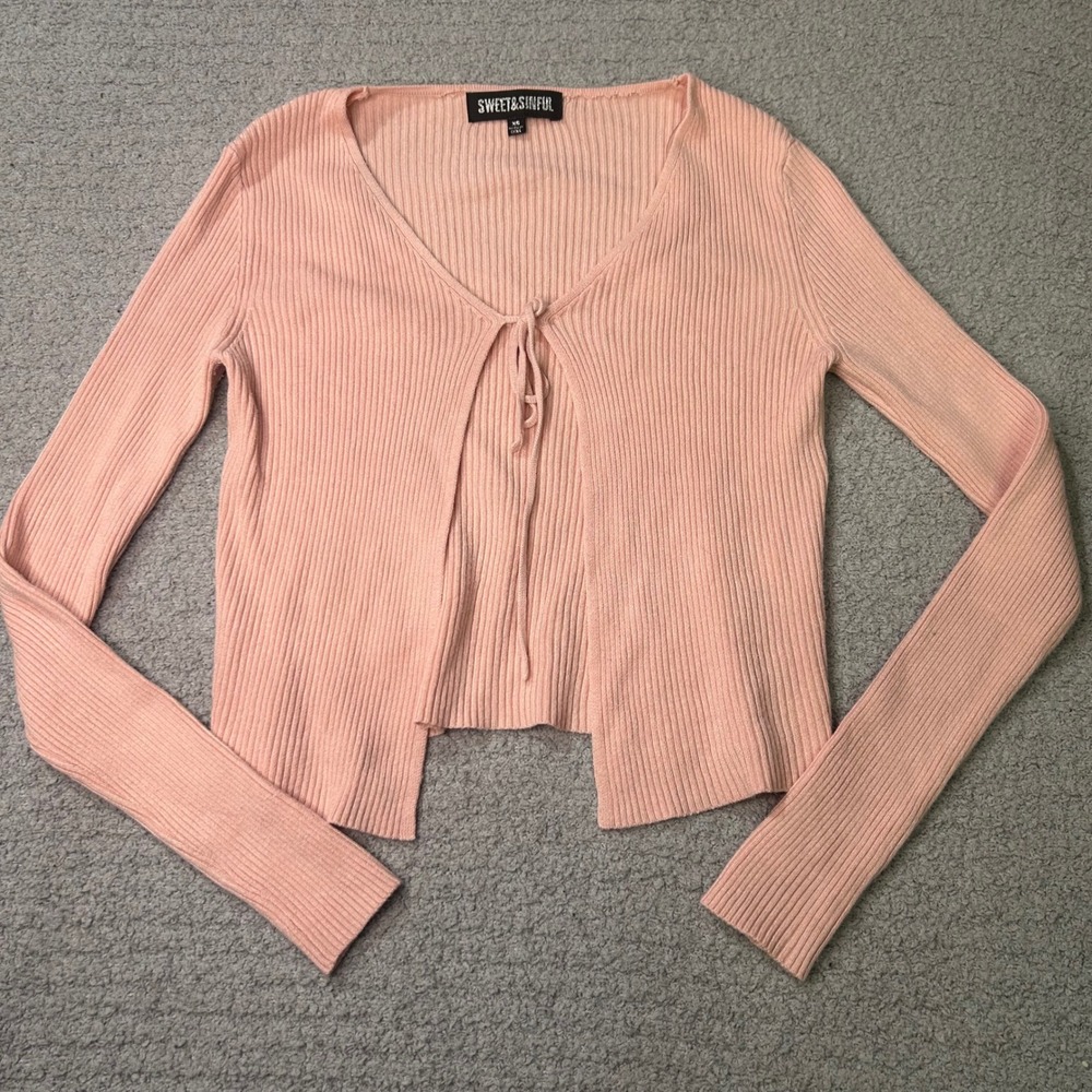 Sweet & Sinful Cardigan Tie Front XS Pink Coquette Balletcore Ribbed Knit Top